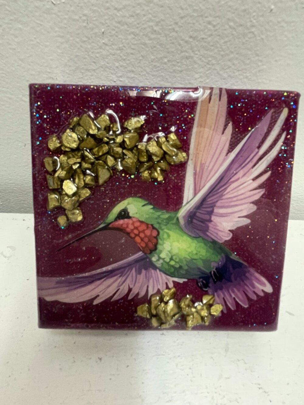 Hummingbird Resin fluid painted wrapped canvas w gold nuggets